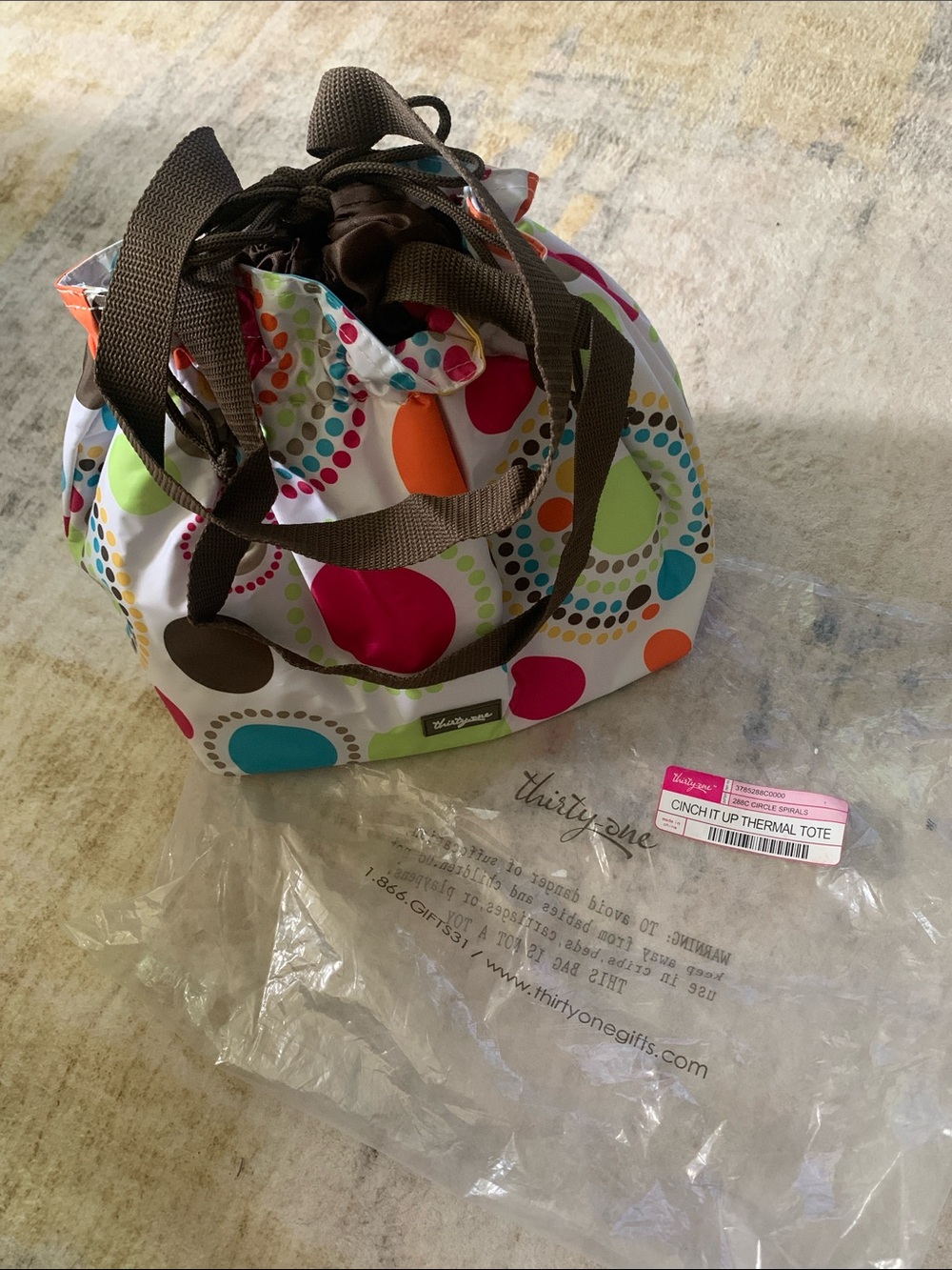 New thirty-one Multicolor Polka Dot Cinch Thermal Tote with Brown Trim